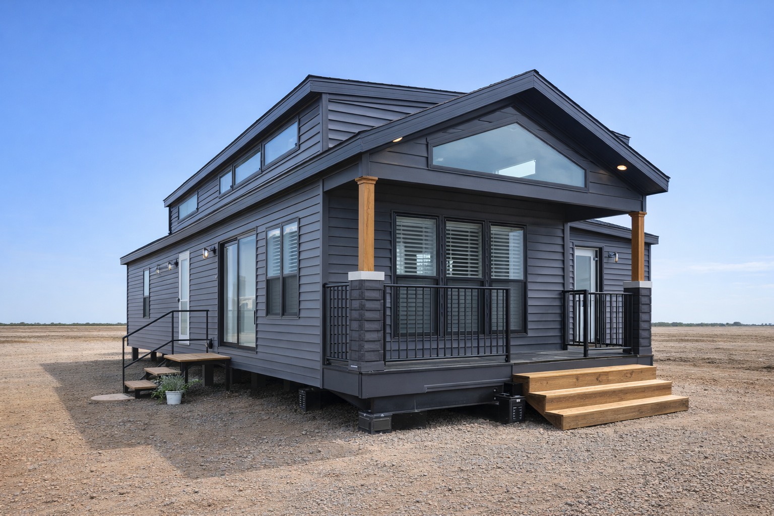 Modern tiny house with dark gray siding, large windows, and wooden porch sits on a vast open landscape under a clear blue sky, exuding a serene vibe.