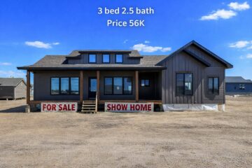 Single-story house with a pitched roof, labeled "3 bed 2.5 bath, Price 56K." "For Sale" and "Show Home" banners hang above the porch. Clear blue sky.
