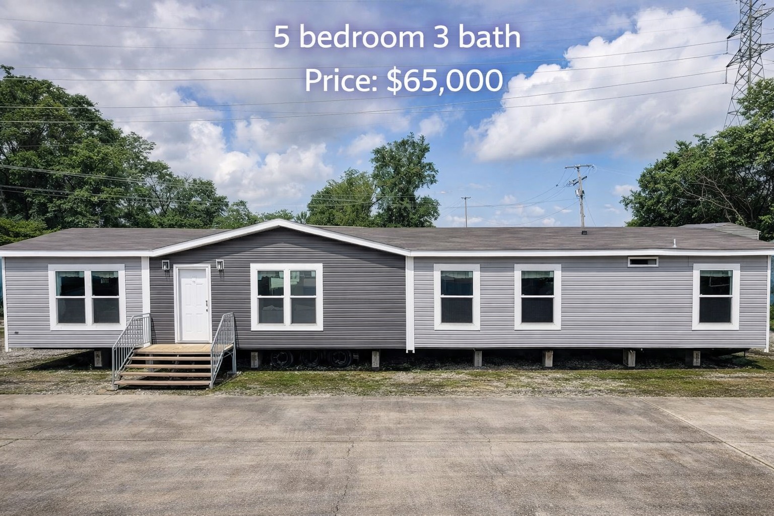 A gray and white modular home with five windows and a single front door, set against a backdrop of trees and a blue sky. Text reads "5 bedroom 3 bath, Price: $65,000."