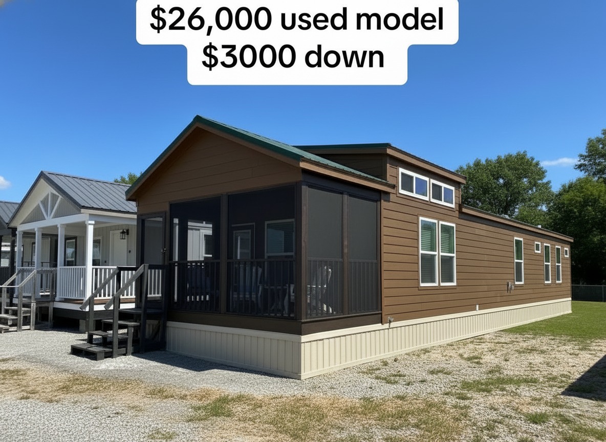 Small brown manufactured home with a screened porch sits in a lot beside other homes. Clear blue sky above. Text reads: "$26,000 used model, $3000 down."