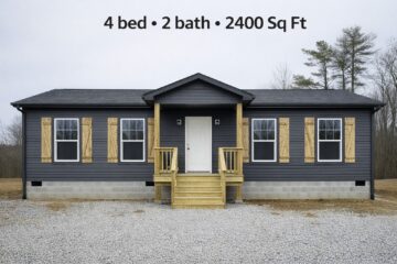 A gray, single-story house with a front porch, five windows, and wooden shutters. Text above reads "4 bed • 2 bath • 2400 Sq Ft." Overcast sky.