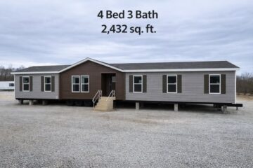 A large, single-story manufactured home exterior with gray and brown siding is shown on a gravel lot. Text above reads "4 Bed 3 Bath, 2,432 sq. ft."