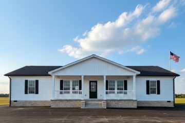 Single-story house with a black roof, white exterior, and front porch. American flag on the right. Text: "3 Bed, 3 Bath, 1800 Sqft." Bright blue sky.