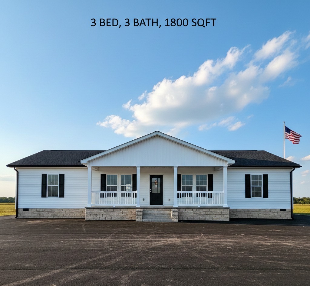 Single-story house with a black roof, white exterior, and front porch. American flag on the right. Text: "3 Bed, 3 Bath, 1800 Sqft." Bright blue sky.