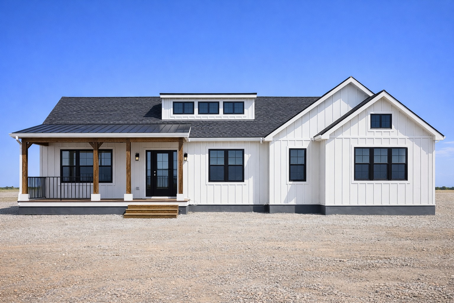 Modern white farmhouse with a black roof and wooden porch set against a clear blue sky. Symmetrical design conveys a clean, serene ambiance.