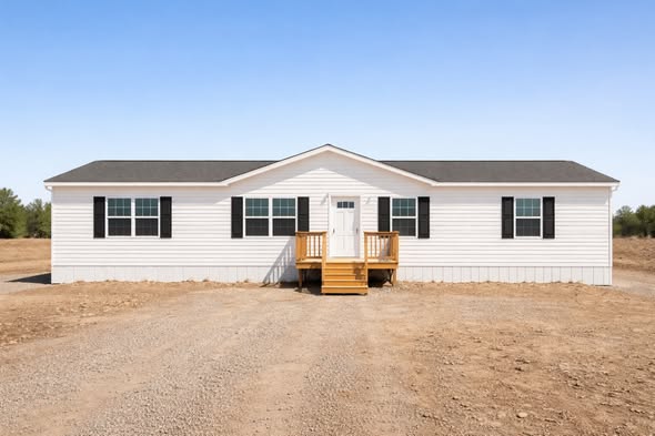 A white, single-story modular home with black shutters sits on a dirt plot under a clear blue sky. Wooden steps lead to the front door, creating a calm, rural scene.