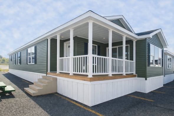 A green manufactured home with a white porch and railing, set against a clear blue sky. The setting is calm and inviting, with a small staircase leading up.