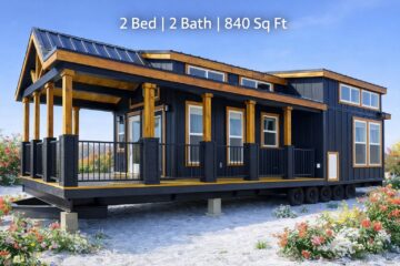 Modern tiny home on wheels with black exterior and wooden accents, featuring a porch. Set in a sunny, flower-filled landscape. Text reads: "2 Bed | 2 Bath | 840 Sq Ft".