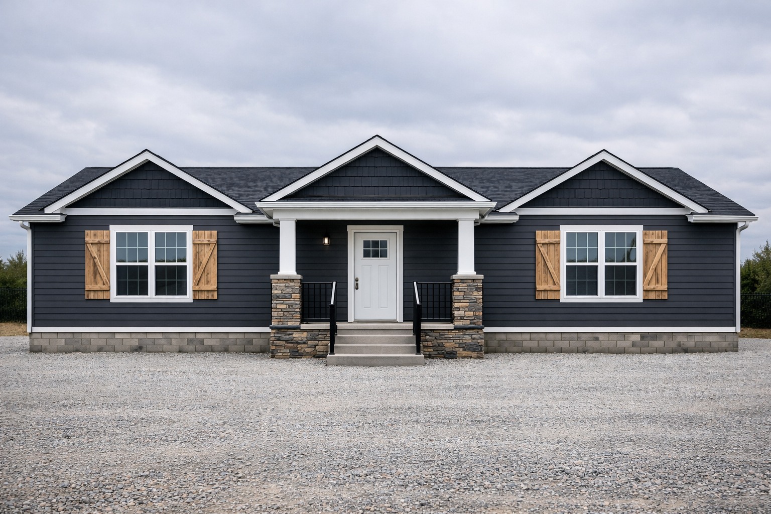 Single-story house with dark siding and white trim, featuring brick columns and wooden shutters. Cloudy sky and gravel foreground add a serene vibe.