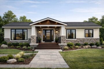 Single-story house with stone facade and cream siding, accented by large windows and a dark front door. Landscaped yard, path leading to steps, flanked by shrubs.