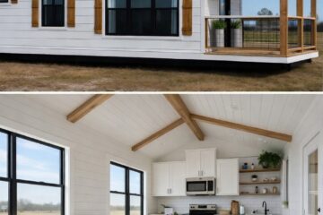Modern bathroom with sleek glass shower on left, large white bathtub on right, dark wood floor, and minimalistic design. Bright, clean, and serene.