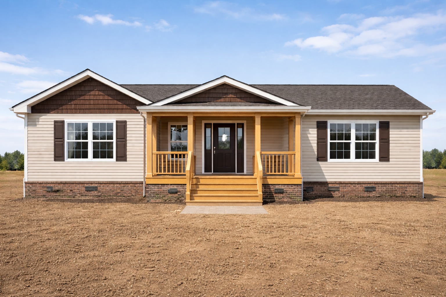 Single-story house with beige siding and brown accents, centered in an open, barren field under a clear blue sky. Features include a small porch and steps.
