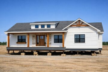 A newly constructed, elevated farmhouse with white siding, black windows, and wooden beams sits on a dry, barren plot, beneath a clear blue sky.