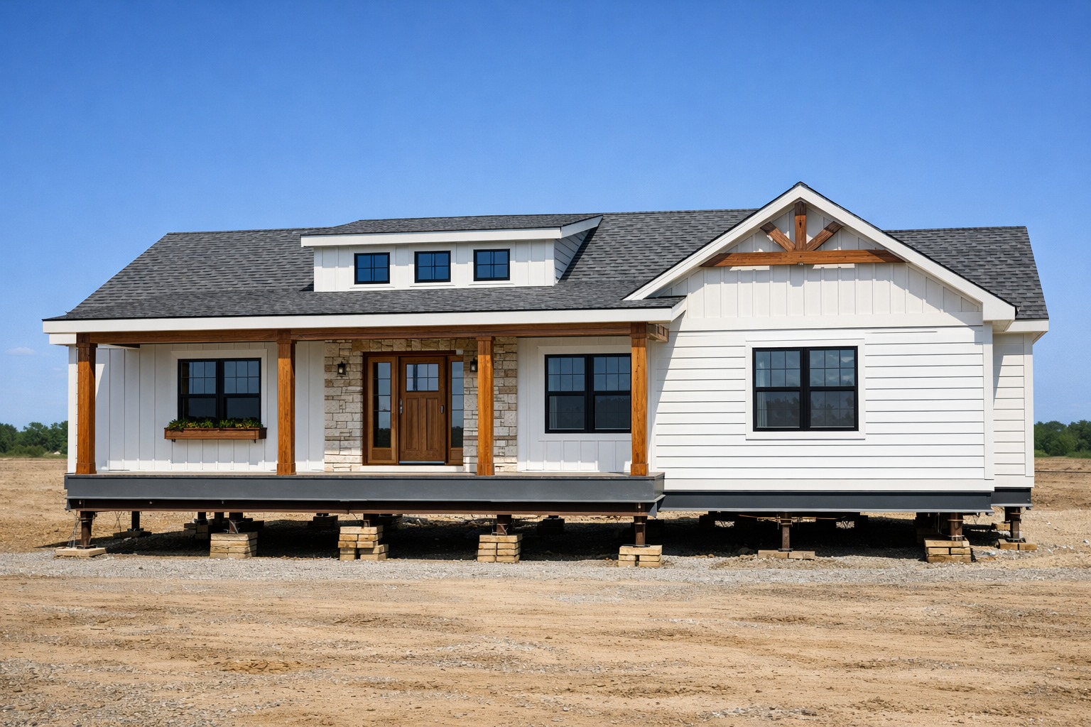 A newly constructed, elevated farmhouse with white siding, black windows, and wooden beams sits on a dry, barren plot, beneath a clear blue sky.