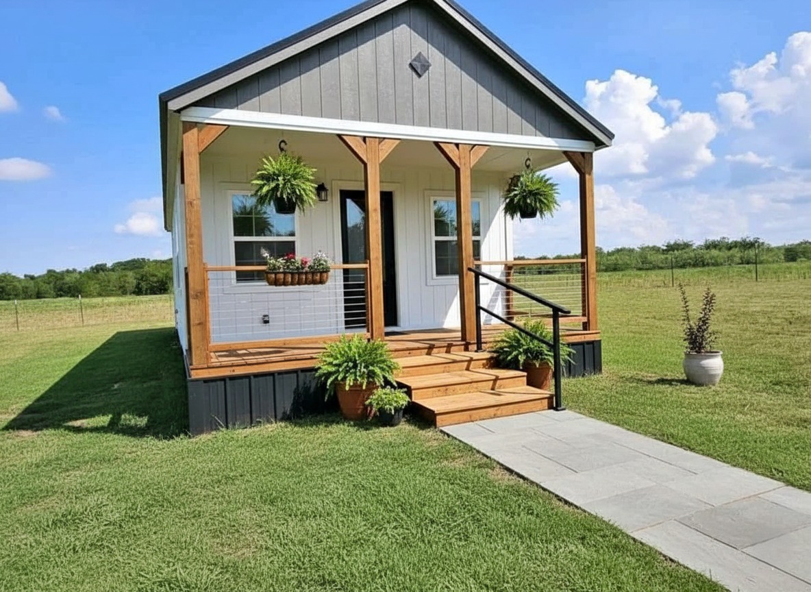 A small, charming gray cottage with a white door and wooden porch stands on a lush lawn. Hanging plants and a clear blue sky add a welcoming feel.
