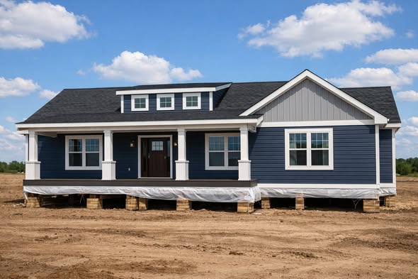 A blue manufactured house with white trim sits elevated on blocks in a dirt field. The sky is clear with scattered clouds, conveying a calm, sunny day.
