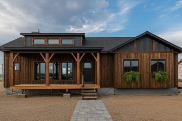 Wooden cabin with modern design, large windows, and a small porch. Grey roof contrasts the wooden exterior. Sky is partly cloudy, creating a serene atmosphere.
