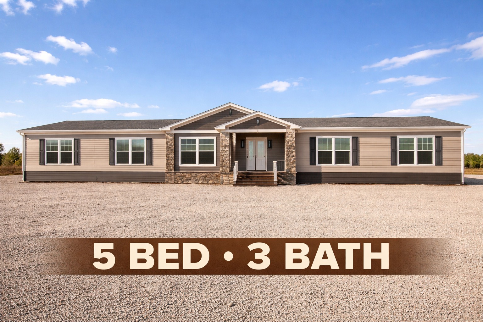 A sprawling, single-story home under a clear blue sky, featuring stone accents and a wide front porch. Text overlay reads "5 Bed • 3 Bath" in bold.