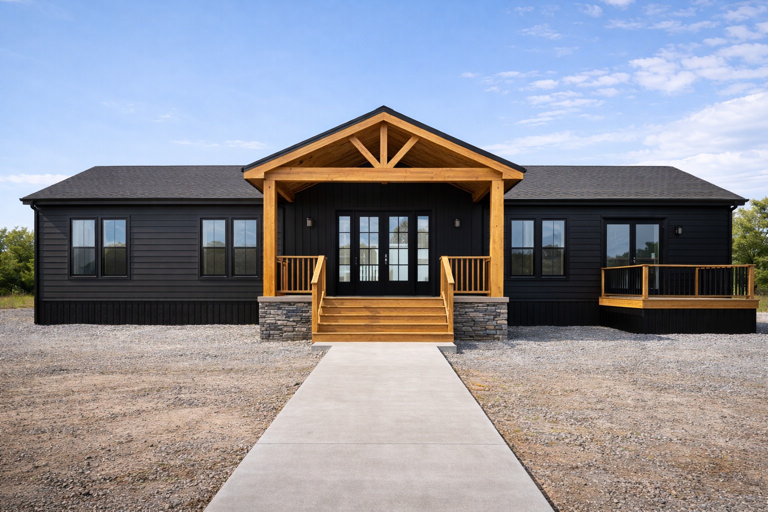 A modern, single-story black house with a wooden porch and matching railings, set against a blue sky. Gravel surrounds the concrete walkway leading to the entrance.