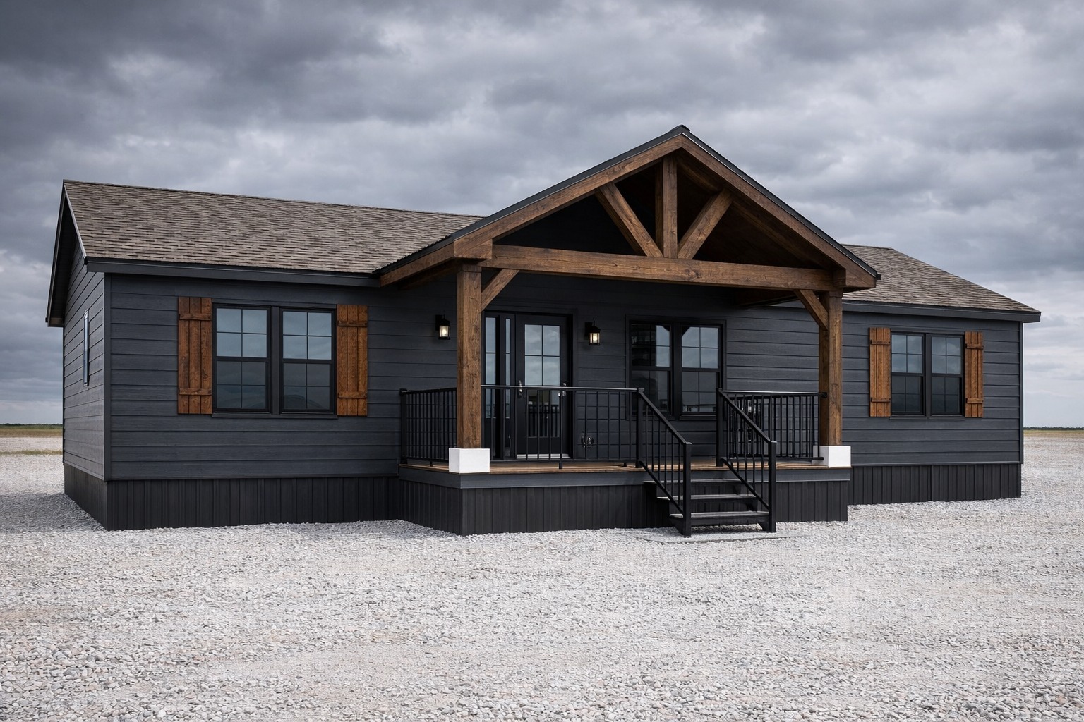 A modern, dark gray single-story house with wooden shutters and a large wooden porch under a cloudy sky. The setting is a gravel yard, evoking a rustic but contemporary feel.