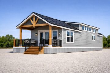 A modern tiny house with gray siding and a black metal roof. It features a wooden porch, steps, and railings. Set against a clear blue sky.
