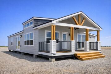 A modern tiny home with large windows and a gabled roof sits on a gravel lot. The wooden porch and bright blue sky create an inviting, serene atmosphere.