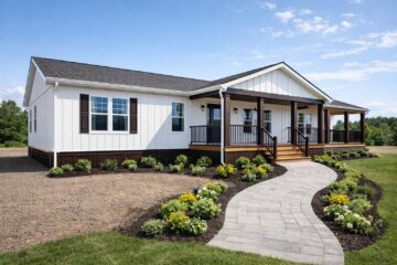 A charming white house with a dark roof and wooden porch is fronted by a curved stone path. Vibrant flower beds border the walkway under a clear blue sky.