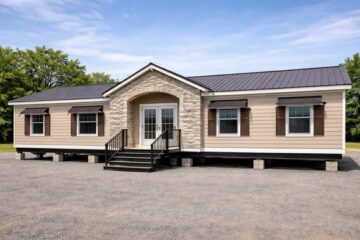 A beige modular home with a dark metal roof sits elevated on blocks, featuring a stone-accented entrance, white-framed windows, and a small staircase.