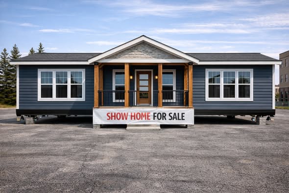 Blue modular home with covered porch and symmetrical windows, set on asphalt, under a clear sky. A banner reads "SHOW HOME FOR SALE," conveying a welcoming and modern feel.