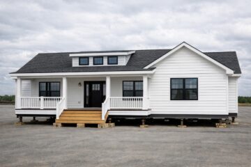 A white, elevated prefab house with a black roof and front porch stands on a gravel lot under a cloudy sky, conveying a fresh, modern feel.