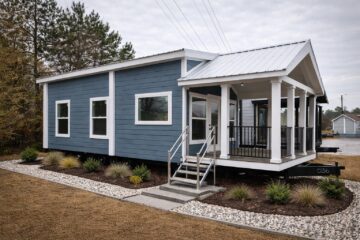 A modern tiny house with blue siding, white trim, and a pitched roof. It features a small porch with steps, surrounded by landscaped shrubs and stones.