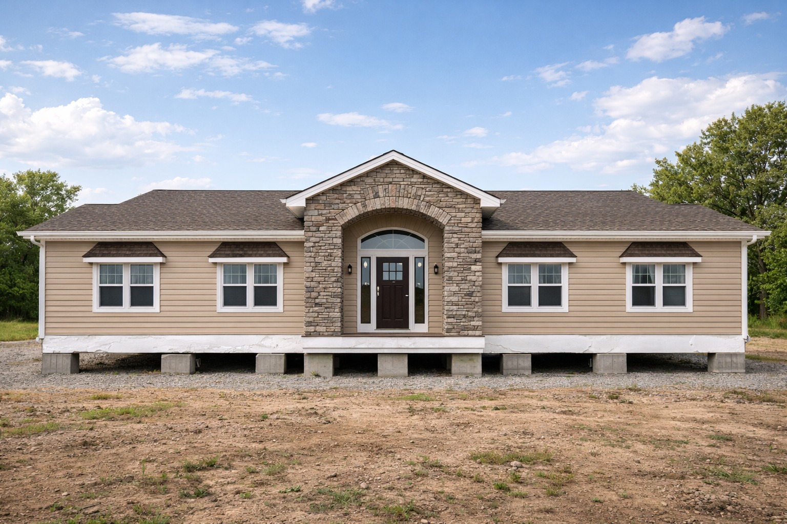 Single-story beige modular home on a temporary foundation with stone entryway, beneath a blue sky, surrounded by grass and trees.
