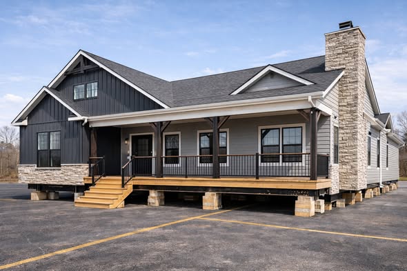 A modern modular house with dark siding and stone accents. It features a spacious porch with wooden steps and black railing, set on a sunny day.