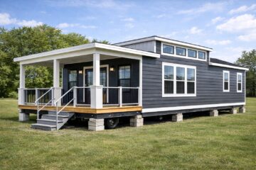 Modern tiny house with dark blue siding and large windows, sits on an open green lawn. A covered porch with white pillars adds a welcoming touch.