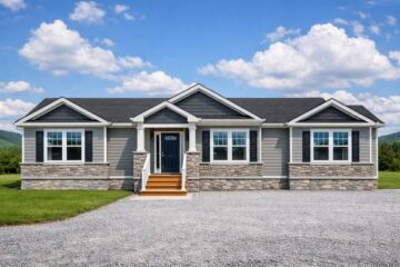 Single-story house with gray siding and stone accents, set against a blue sky with fluffy clouds. The front yard is gravel and neatly trimmed grass.