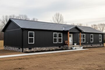 A modern black metal-sided home with a gable roof, set on a grassy plot surrounded by bare trees. The front features a small porch with potted plants.