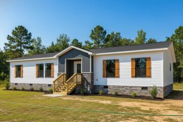 A modern single-story white house with wooden shutters, a gray accent, and a small porch. Surrounded by trees, it conveys a serene, rural feel.