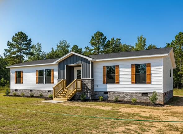 A modern single-story white house with wooden shutters, a gray accent, and a small porch. Surrounded by trees, it conveys a serene, rural feel.