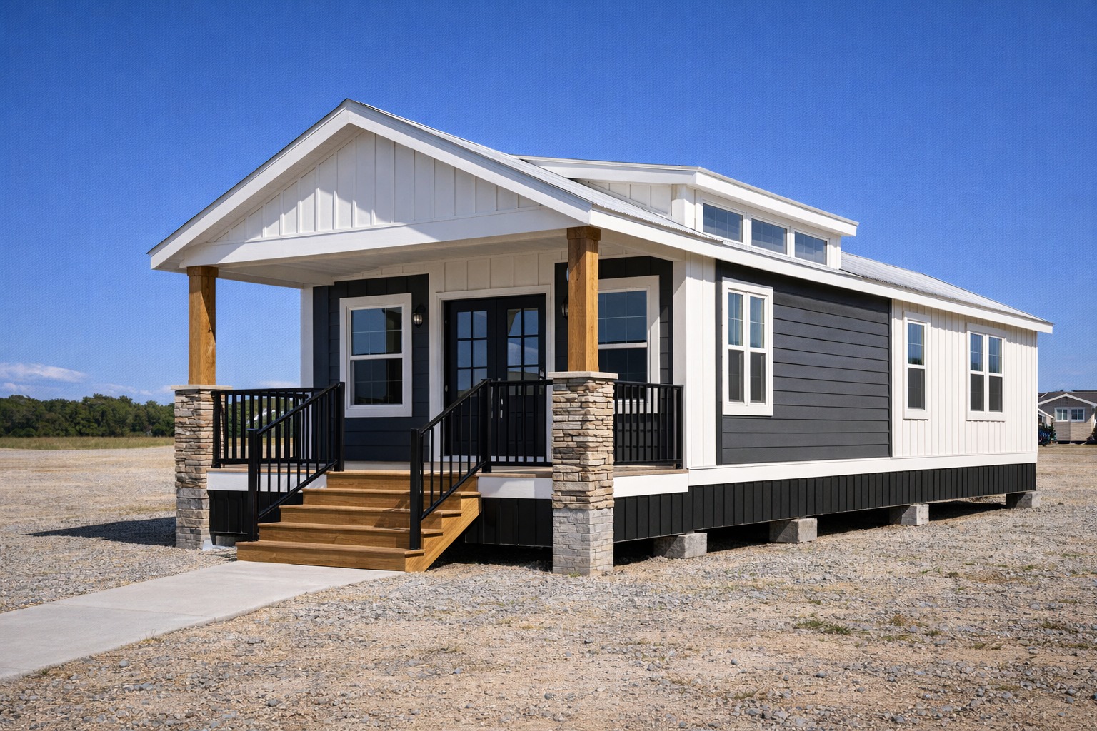 Modern tiny house with a white gabled roof, dark and light siding, stone columns, and a wooden porch, set under a clear blue sky.
