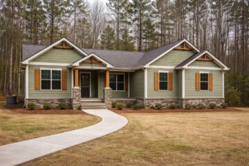 A cozy single-story house with green siding, stone accents, and a gable roof. It features wooden shutters and a welcoming porch, set in a wooded area.