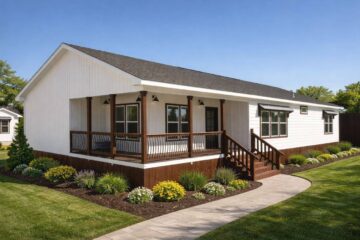 Single-story white house with a dark roof, featuring a wooden porch and railing. Surrounded by a landscaped garden with vibrant flowers under a clear blue sky.