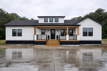 Modern white ranch-style house with black accents, a covered porch, wooden columns, and large windows. Reflective wet driveway and overcast sky.