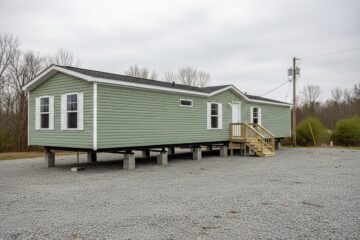 A light green mobile home with a gray roof and white trim sits elevated on blocks, surrounded by gravel. Sparse trees and overcast sky create a tranquil setting.