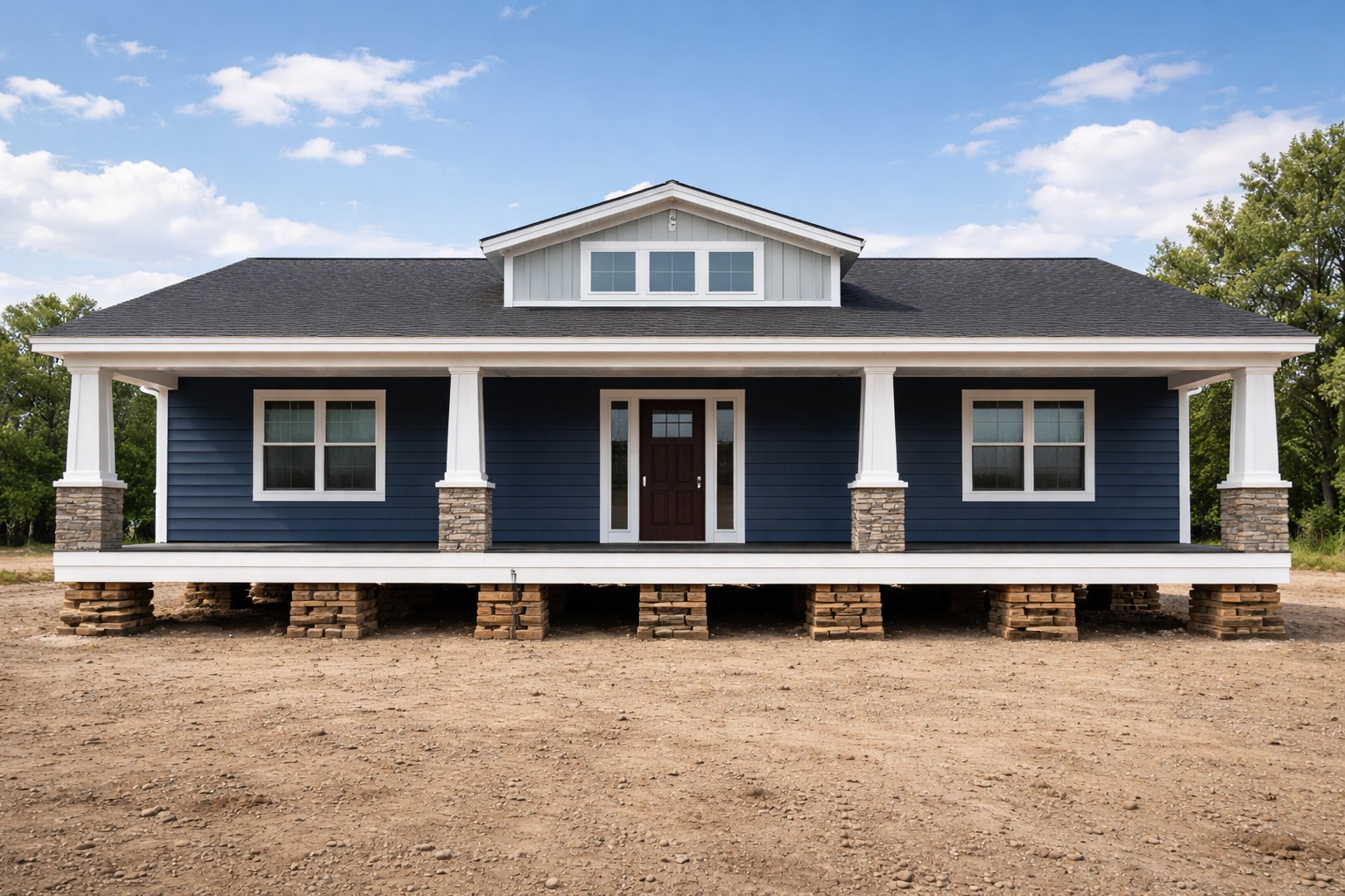 A blue house with white trim and stone columns sits elevated on wooden blocks in a barren lot. The sky is clear and blue, conveying a calm, sunny day.