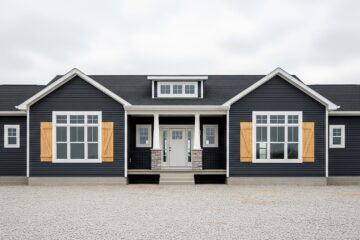 Single-story navy blue house with a symmetrical design, featuring tan wooden shutters and a central entryway. The gravel driveway contrasts with overcast skies.