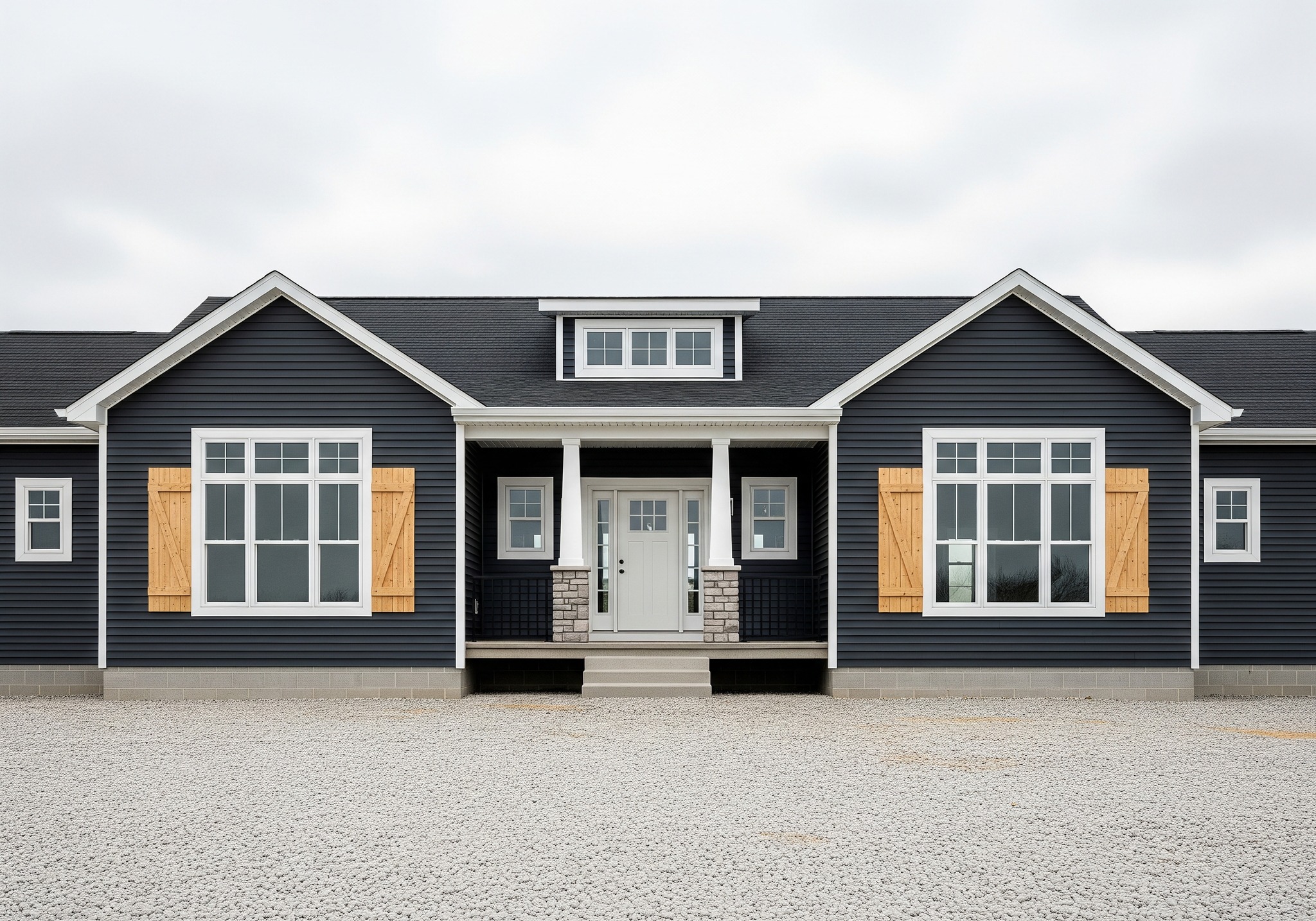 Single-story navy blue house with a symmetrical design, featuring tan wooden shutters and a central entryway. The gravel driveway contrasts with overcast skies.