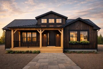 A modern, single-story cabin with dark wood siding and a metal roof at sunset. Warm porch lights, flower boxes, and a stone pathway create a cozy atmosphere.