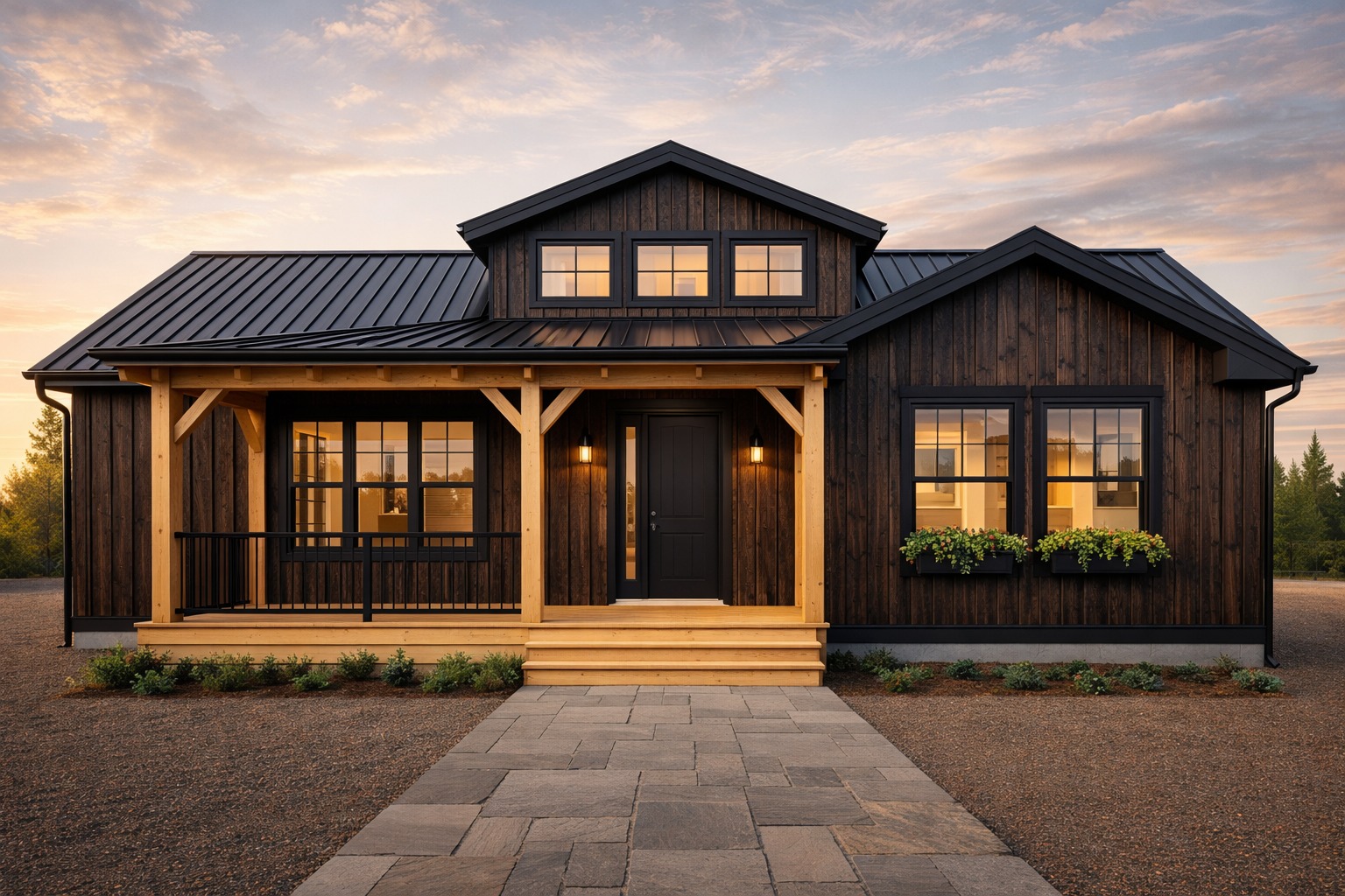 A modern, single-story cabin with dark wood siding and a metal roof at sunset. Warm porch lights, flower boxes, and a stone pathway create a cozy atmosphere.