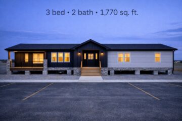 Single-story house at dusk with glowing windows and stone accents. Text above reads "3 bed • 2 bath • 1,770 sq. ft." Calm, inviting atmosphere.