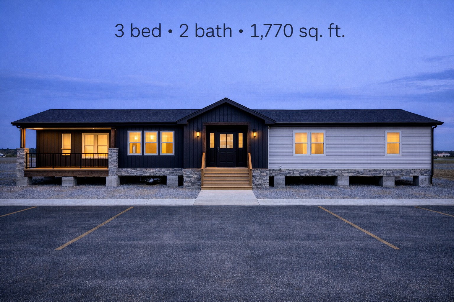 Single-story house at dusk with glowing windows and stone accents. Text above reads "3 bed • 2 bath • 1,770 sq. ft." Calm, inviting atmosphere.